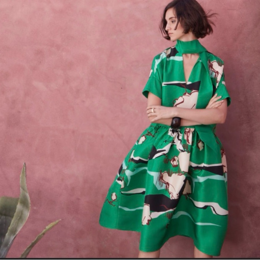 Abstract Print Tie-Neck Silk Dress
